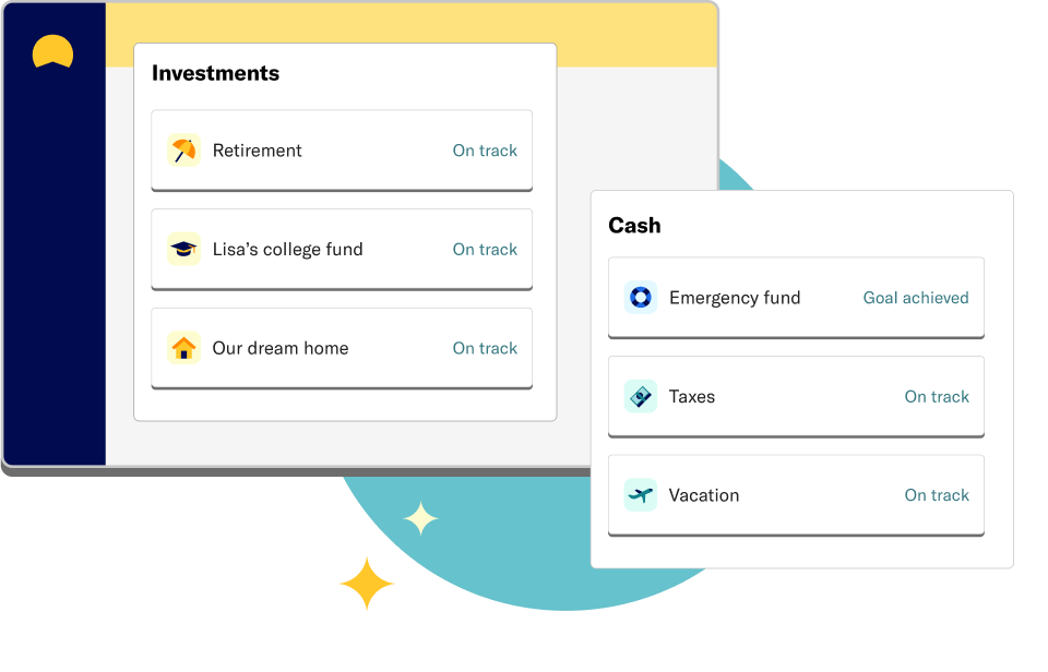 Simplified dashboard showing retirement, college fund, dream home, taxes, and vacation goals on track, and emergency fund goal achieved.