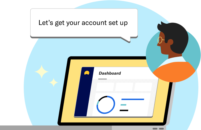 A laptop with Betterment dashboard on the screen, next to a floating headshot of a financial advisor who is saying let’s get your account set up.