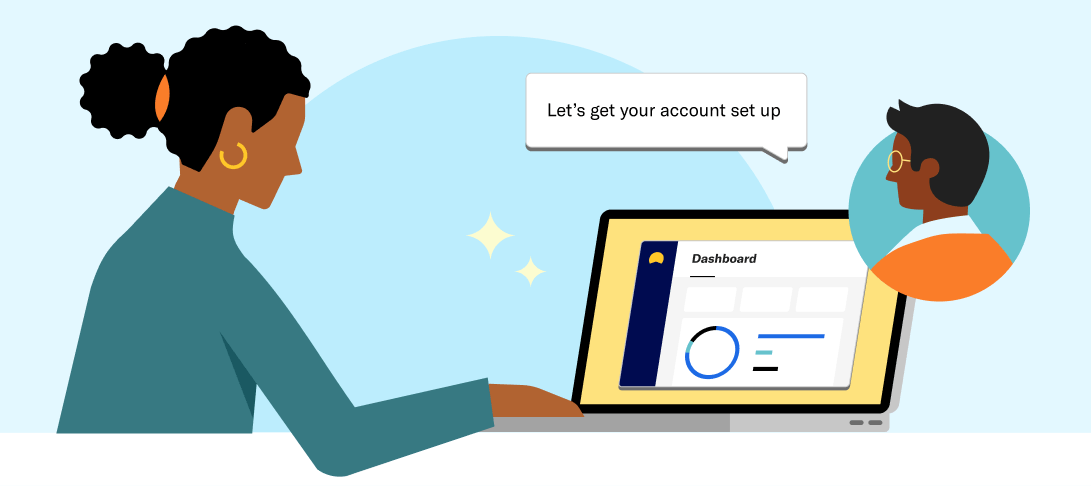 an illustration of a person using Betterment on a laptop with a financial advisor nearby saying